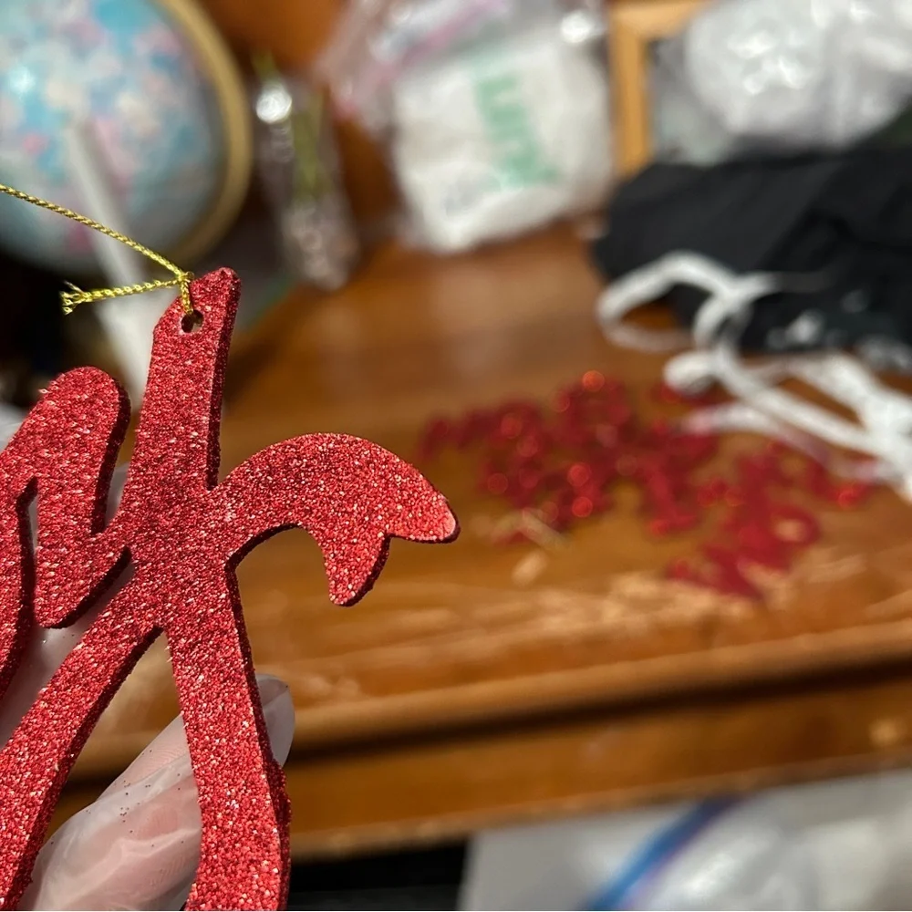 Red Glittery Cursive “Joy” Christmas Ornament - “Dressing”